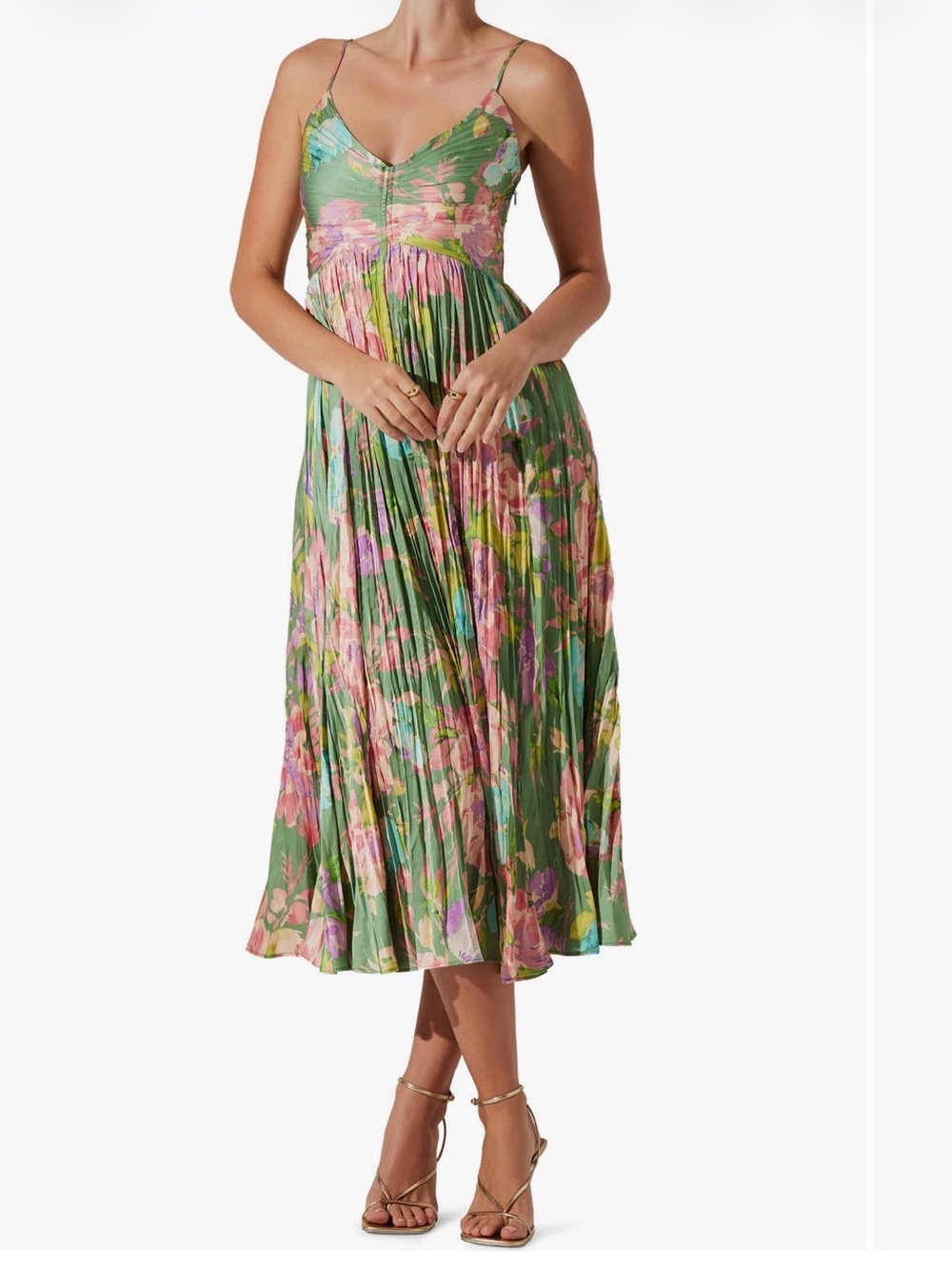Astr Floral Pleated Midi dress in Green and Pink